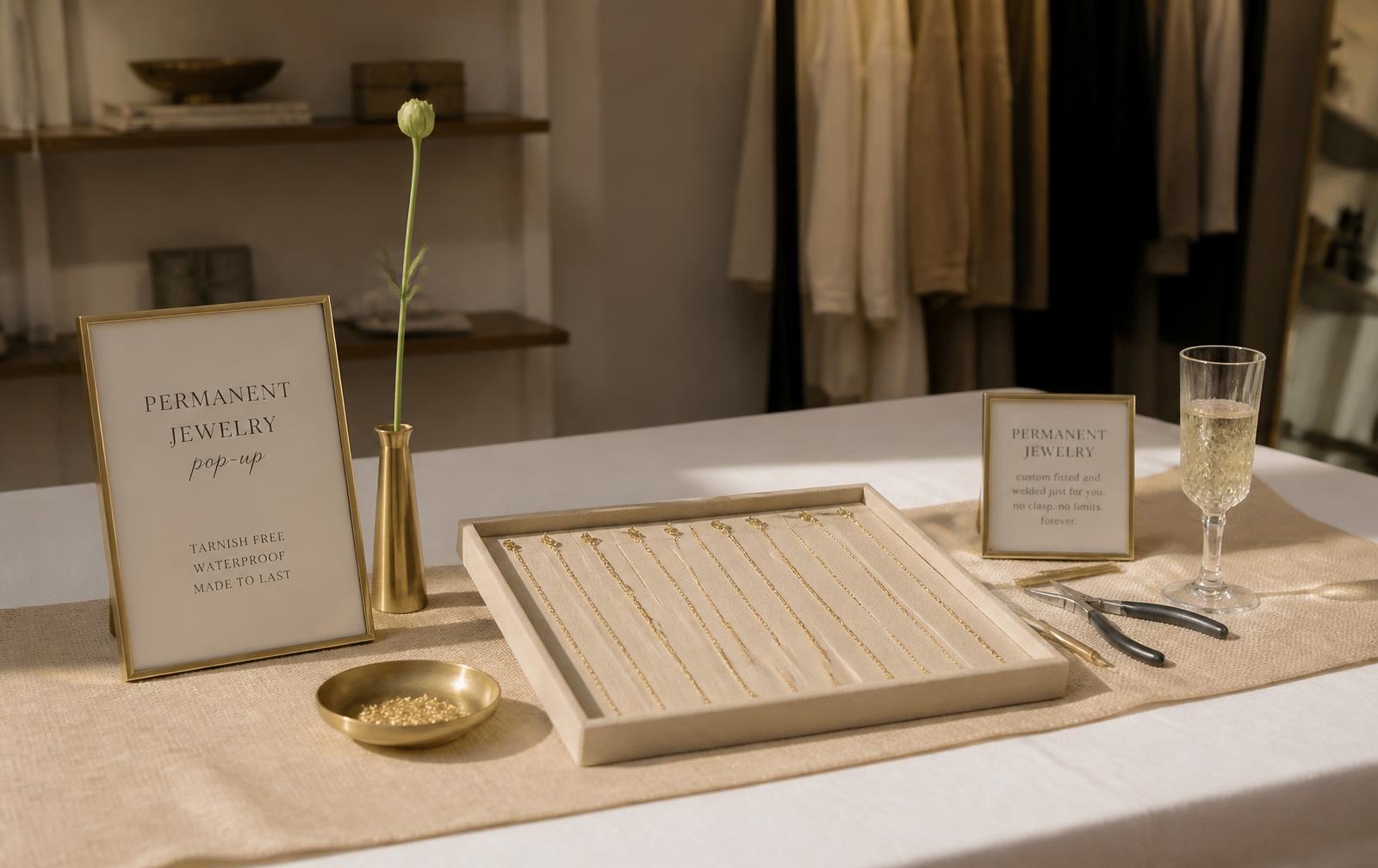 A permanent jewelry pop-up table set with linen, chains and a bud vase