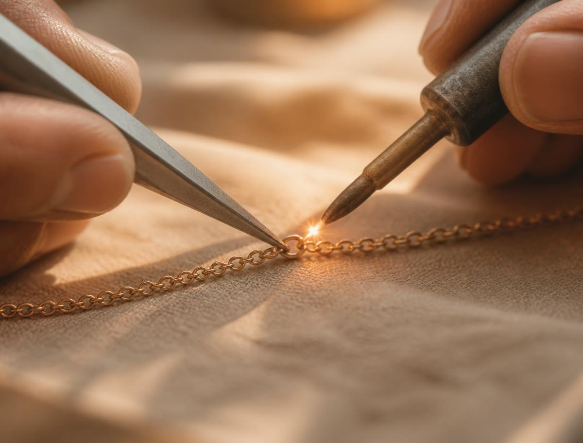 A jeweler welding a fine gold chain closed with a small spark